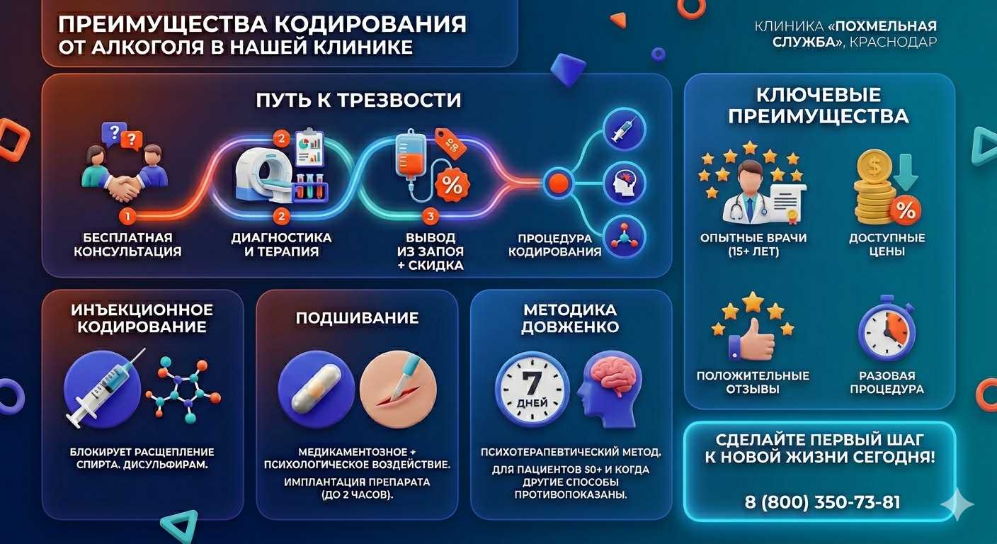 Инфографика о методах кодирования от алкоголя в Новоузенске: инъекции, подшивание, метод Довженко. Преимущества клиники и этапы лечения.